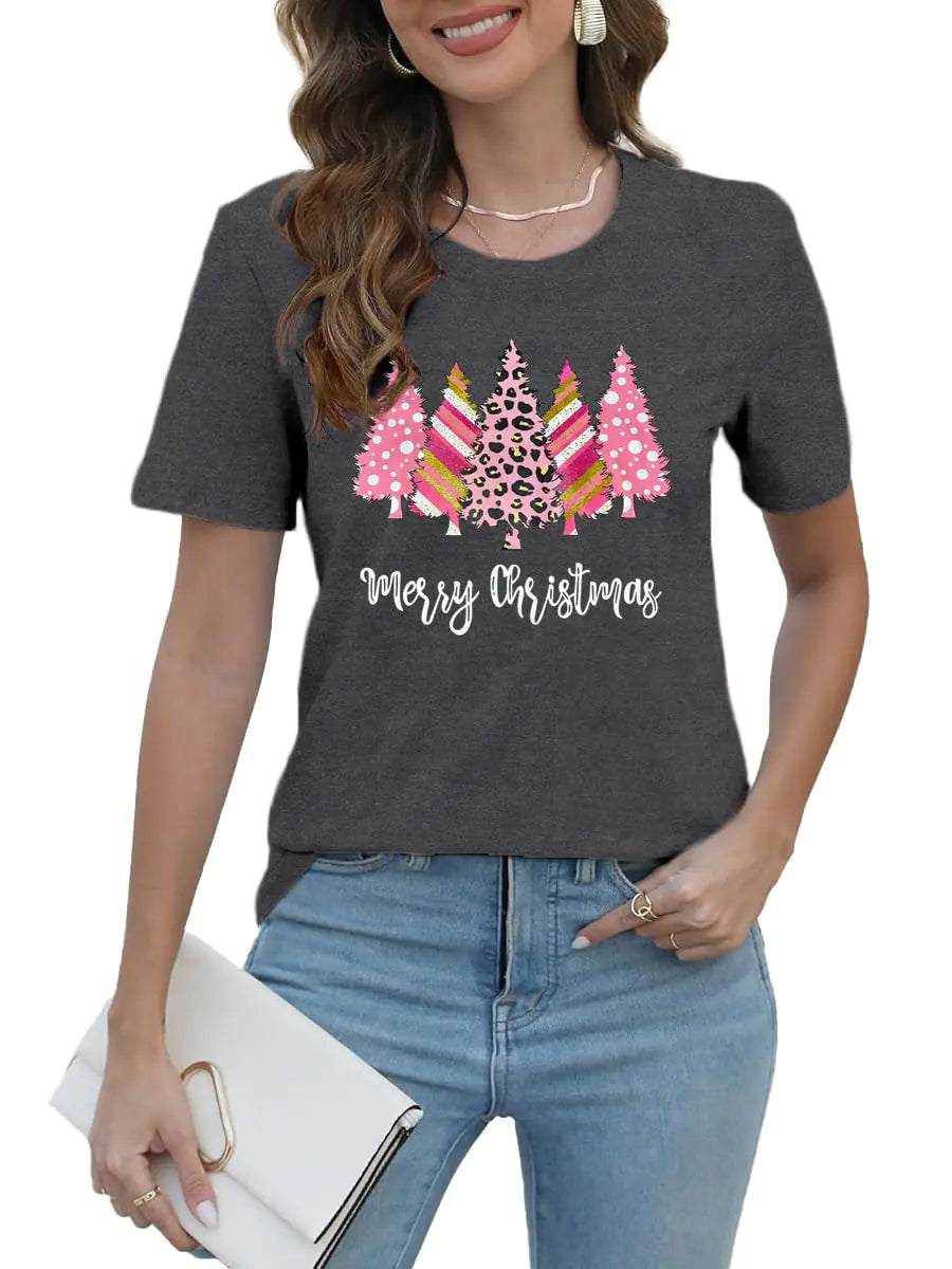 VQD Christmas Trees Shirt for Women Merry Christmas Pink Tree Tshirt Xmas Holiday Tee Top