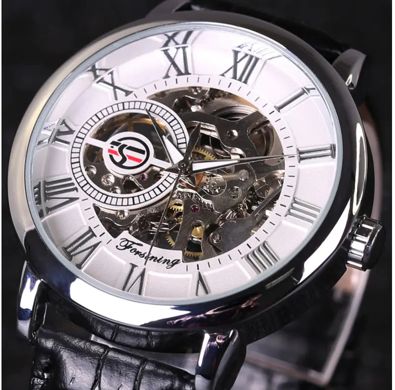 Men's Hollow Manual Mechanical Watch with Leather Strap