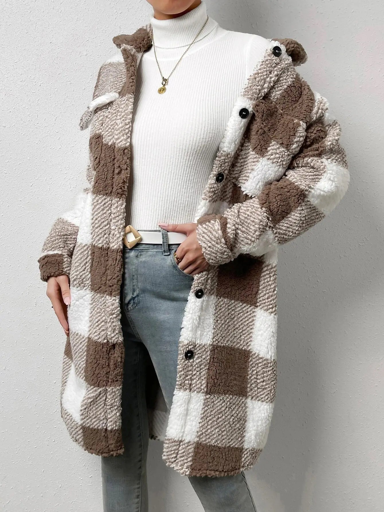 Loose Plush Plaid Coat with Button Lapel