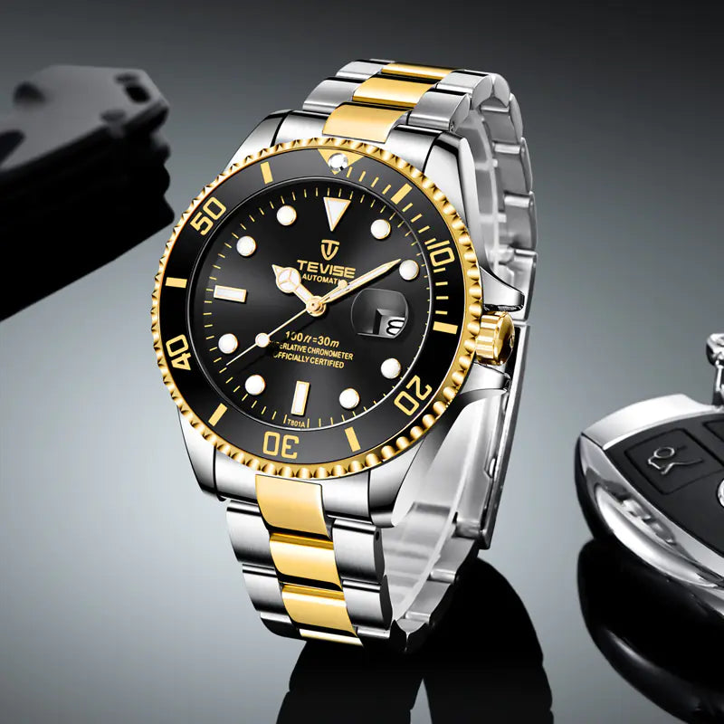 TEVISE Men's Quartz Watch with Green Dial and Calendar