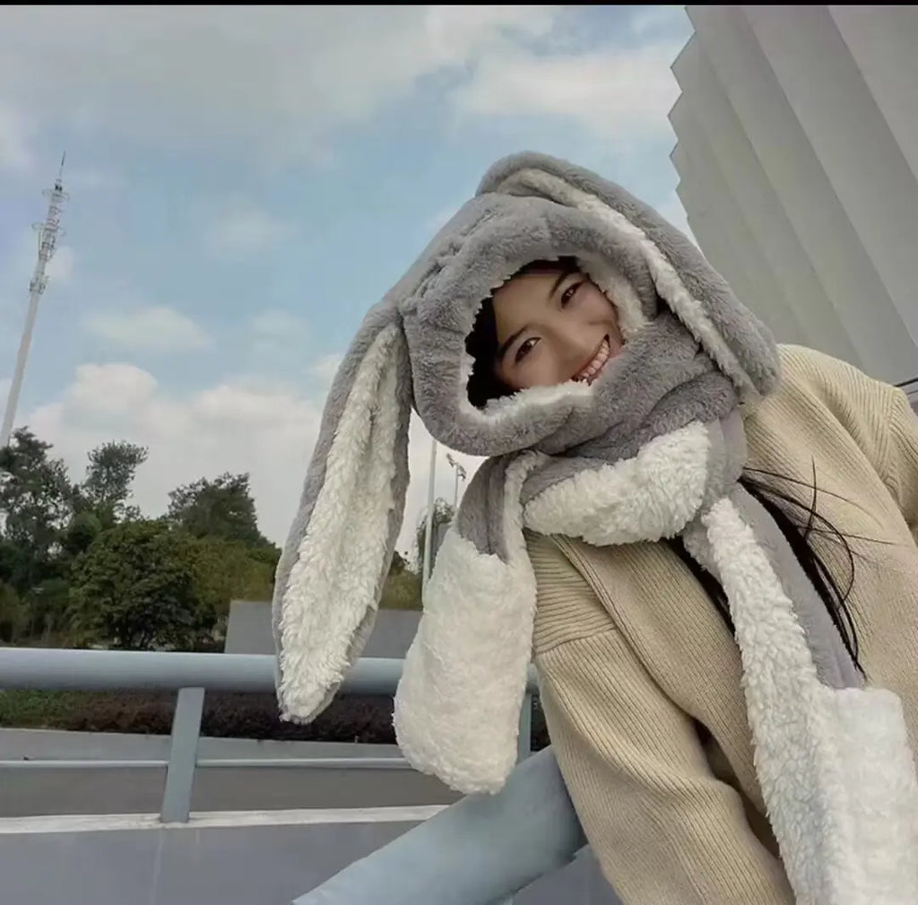 Sweet Cute Rabbit Ear Plush Winter Scarf Hat Glove Set