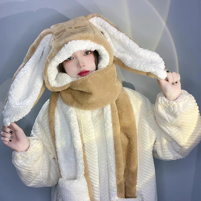Sweet Cute Rabbit Ear Plush Winter Scarf Hat Glove Set