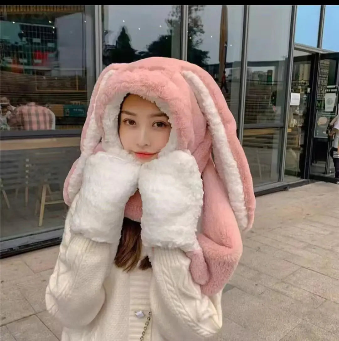 Sweet Cute Rabbit Ear Plush Winter Scarf Hat Glove Set
