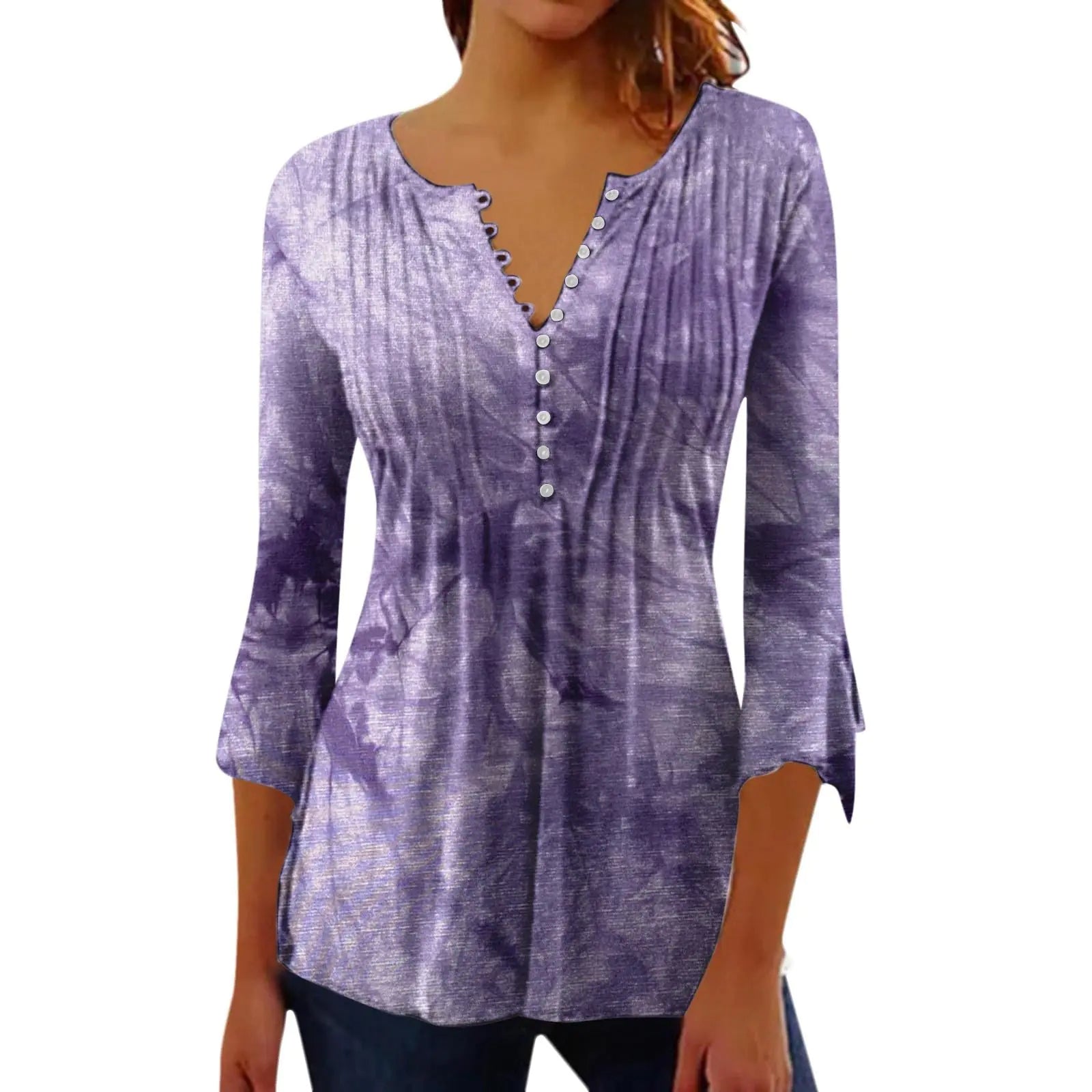 Tops for Women 2025 Trendy Boho Floral Print Tunic Shirts 3/4 Bell Sleeve Button Henley V Neck Tshirt Spring Summer Blouse Casual Tunic
