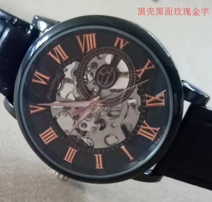 Men's Hollow Manual Mechanical Watch with Leather Strap