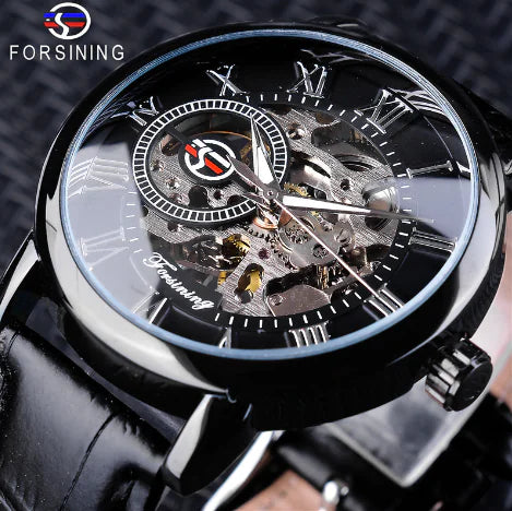 Men's Hollow Manual Mechanical Watch with Leather Strap