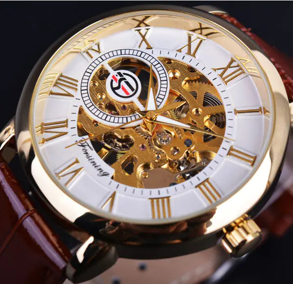 Men's Hollow Manual Mechanical Watch with Leather Strap