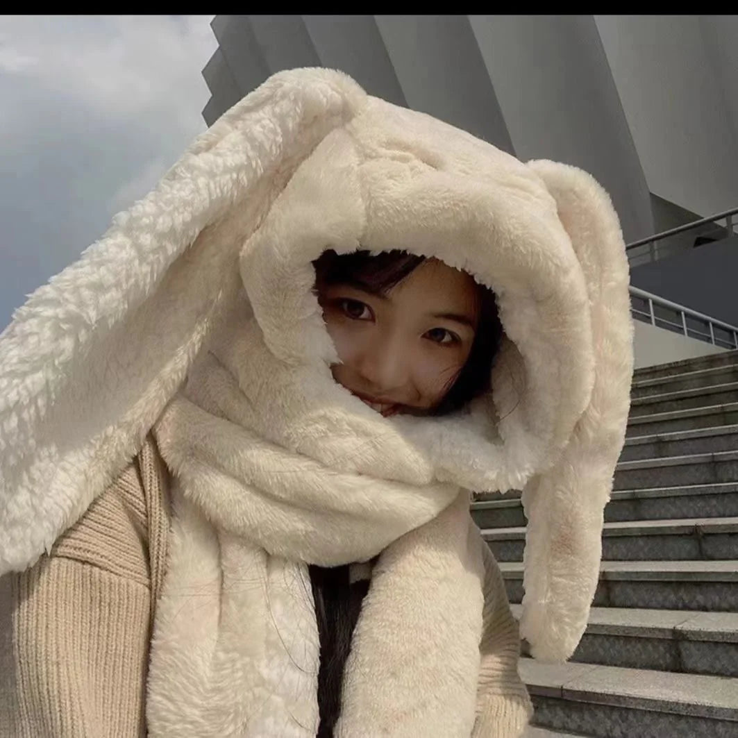 Sweet Cute Rabbit Ear Plush Winter Scarf Hat Glove Set