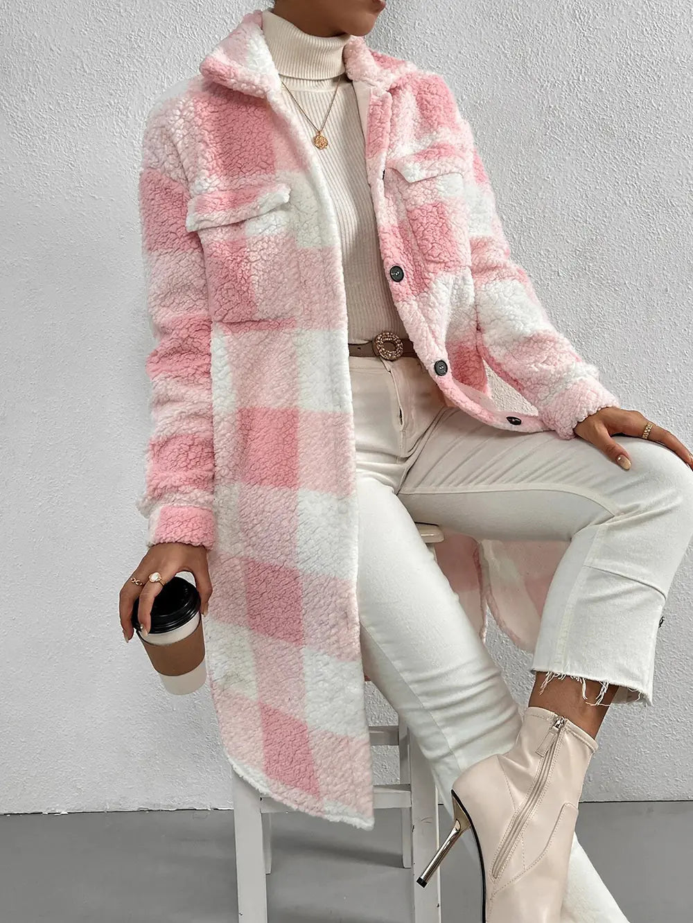 Loose Plush Plaid Coat with Button Lapel