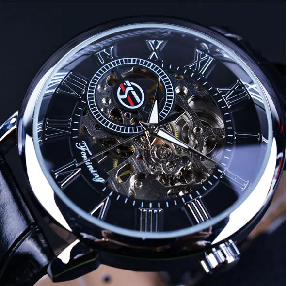 Men's Hollow Manual Mechanical Watch with Leather Strap