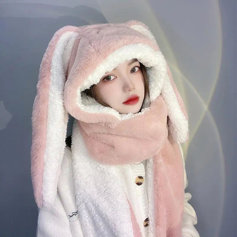 Sweet Cute Rabbit Ear Plush Winter Scarf Hat Glove Set