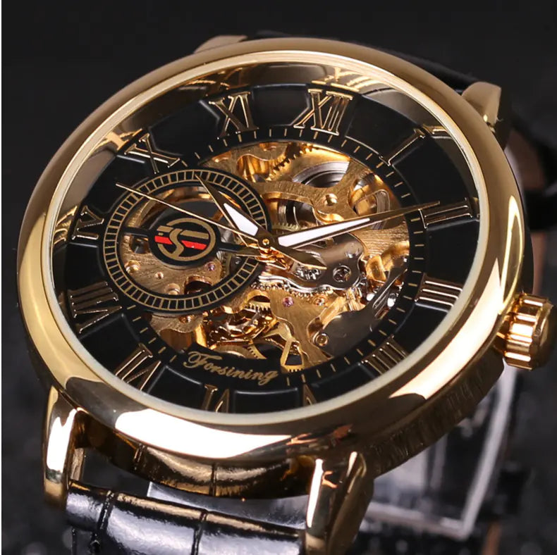 Men's Hollow Manual Mechanical Watch with Leather Strap
