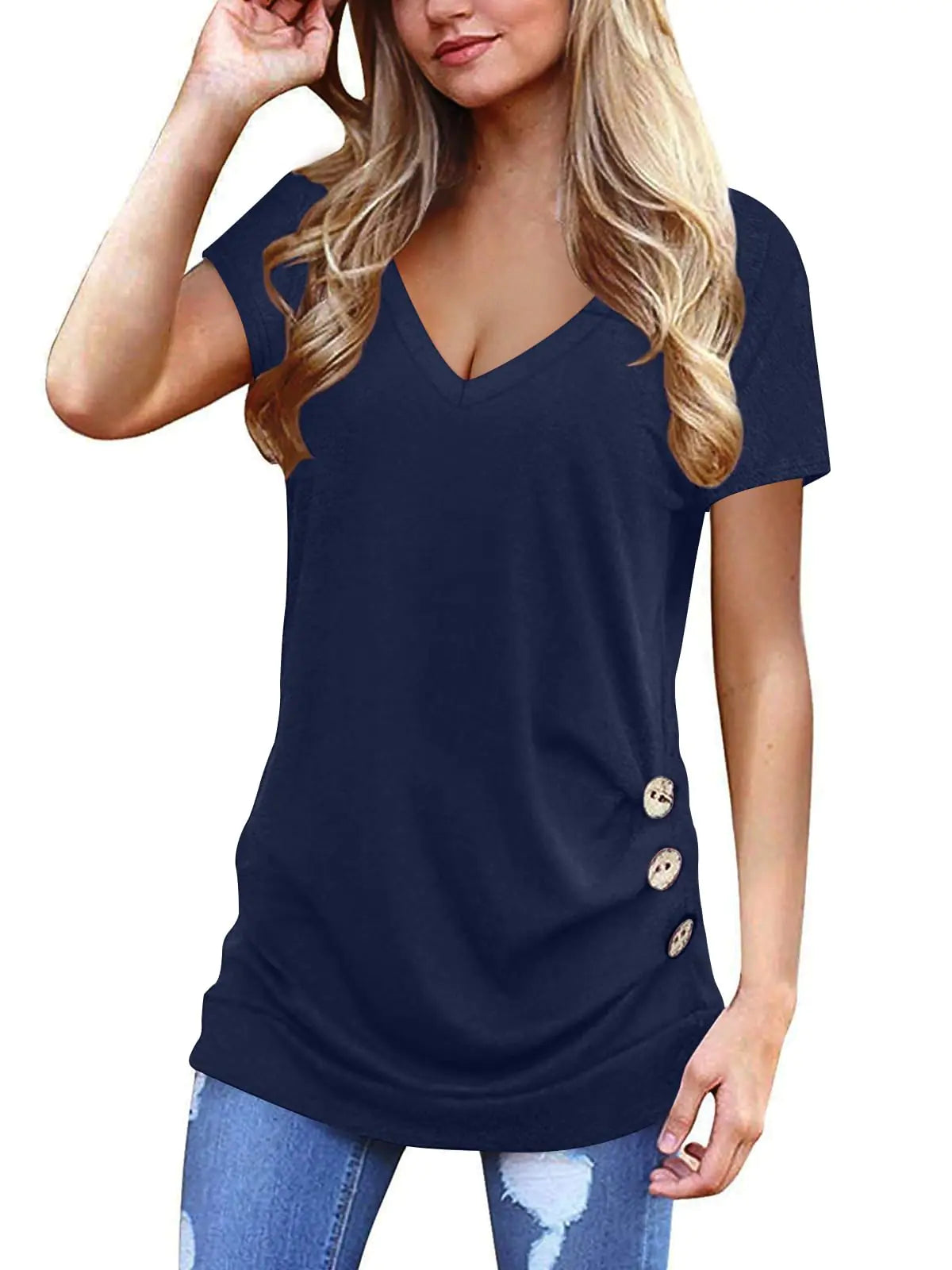 Yincro Womens Short Sleeve Tunic Tops Summer Casual V-Neck Tshirt Blouses(V-Navy Blue S)
