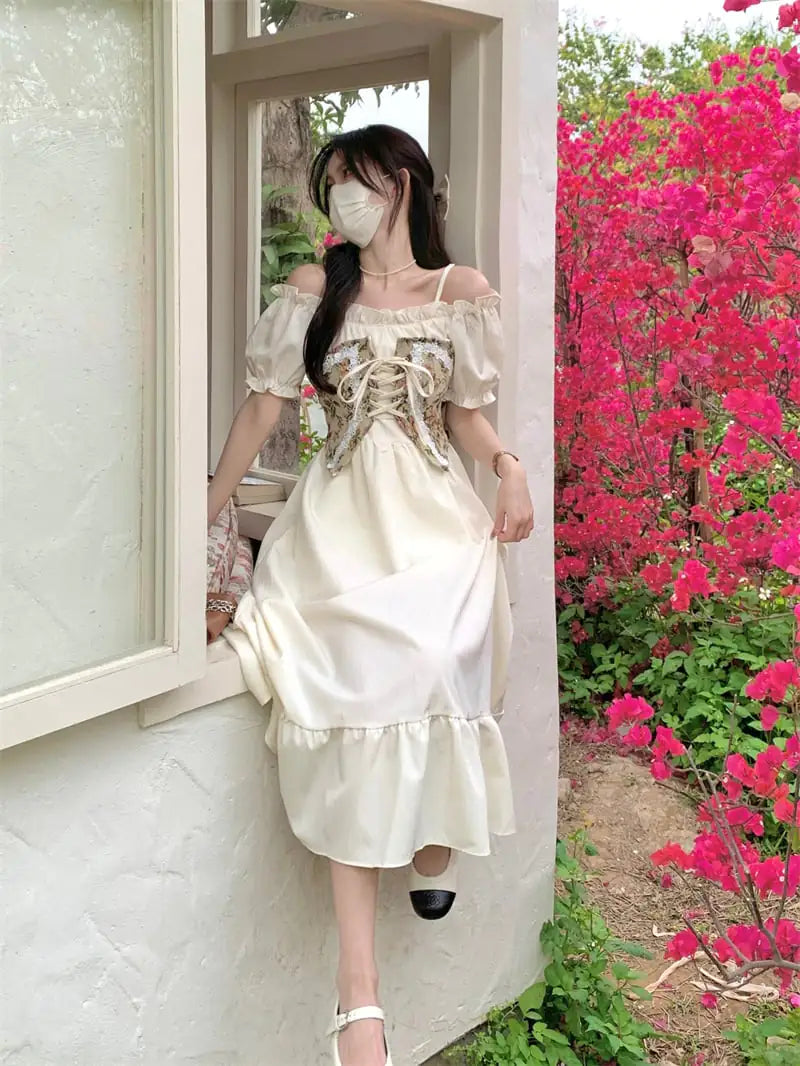 French Off Shoulder Strap Dress for Women