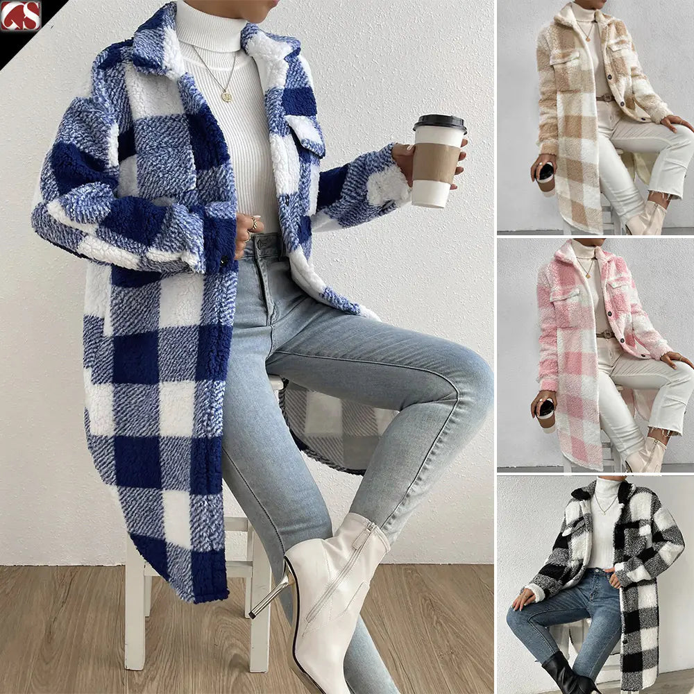 Loose Plush Plaid Coat with Button Lapel