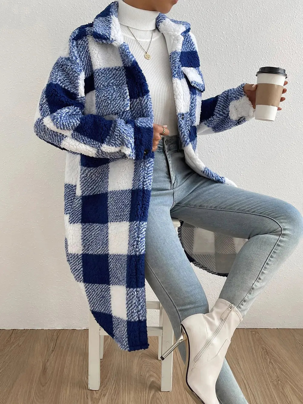 Loose Plush Plaid Coat with Button Lapel