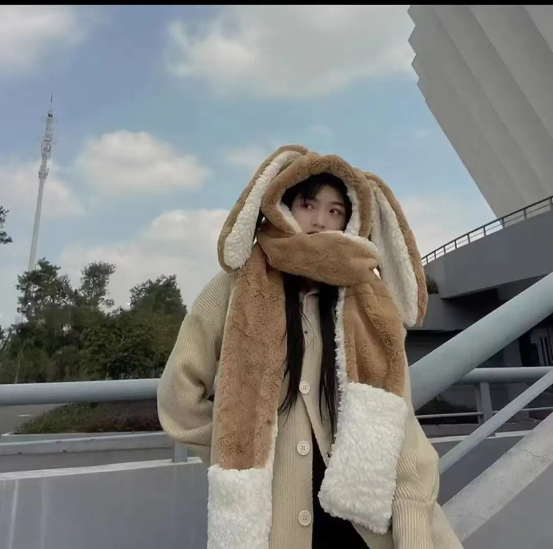 Sweet Cute Rabbit Ear Plush Winter Scarf Hat Glove Set